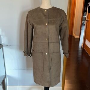 Zara khaki green faux suede coat with gold buttons